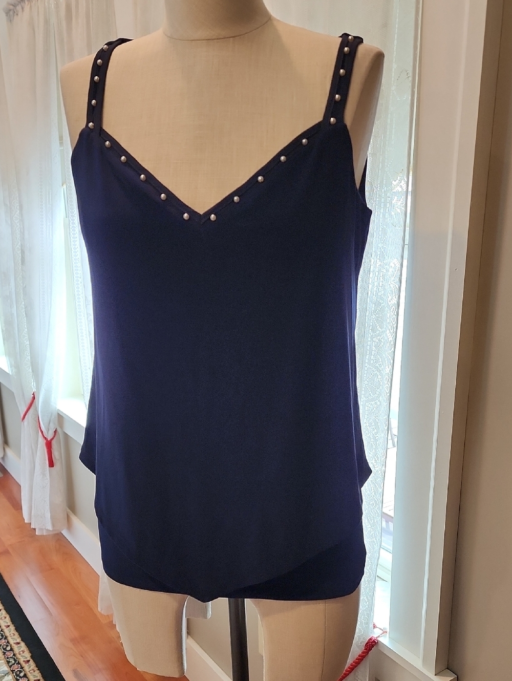 White House Black Market Navy Cami with Pearl-Style Studs